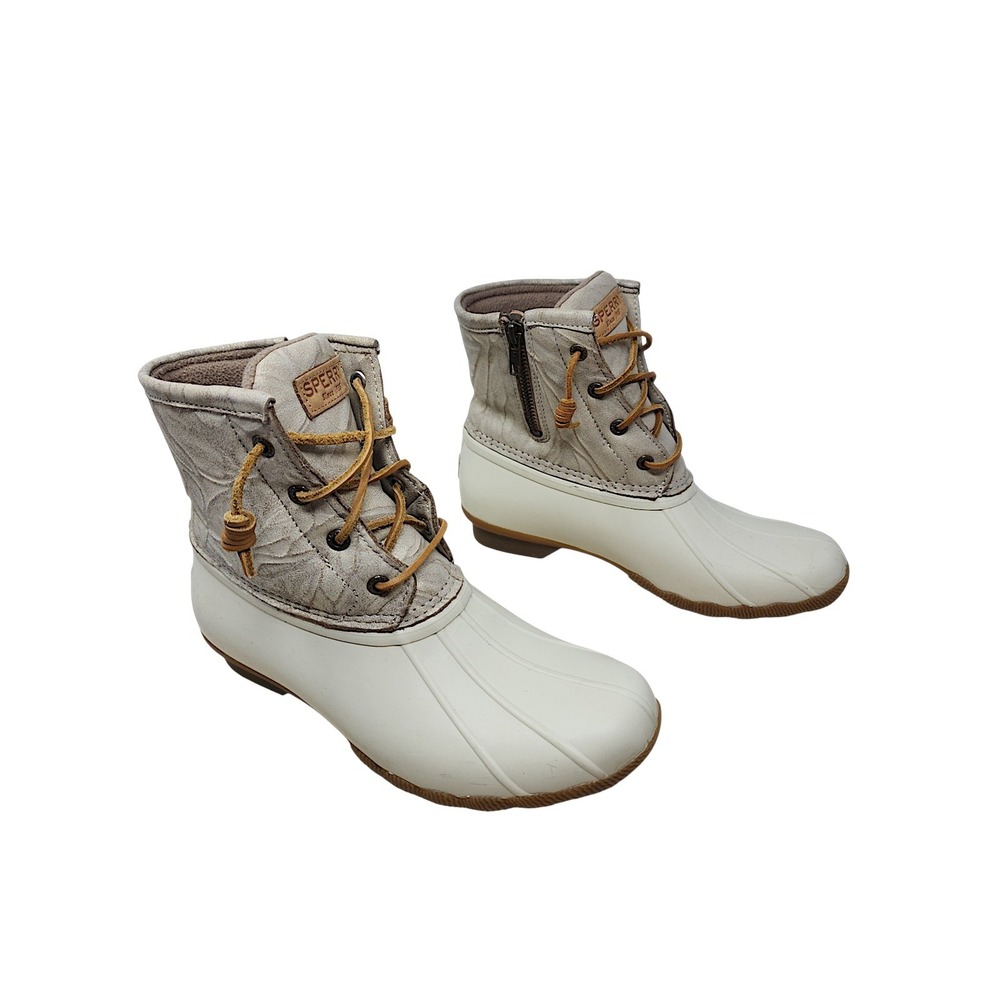 Sperry Saltwater Duck Boot 8 Wms Ivory Grey Floral Waterproof STS99726 Rain Snow